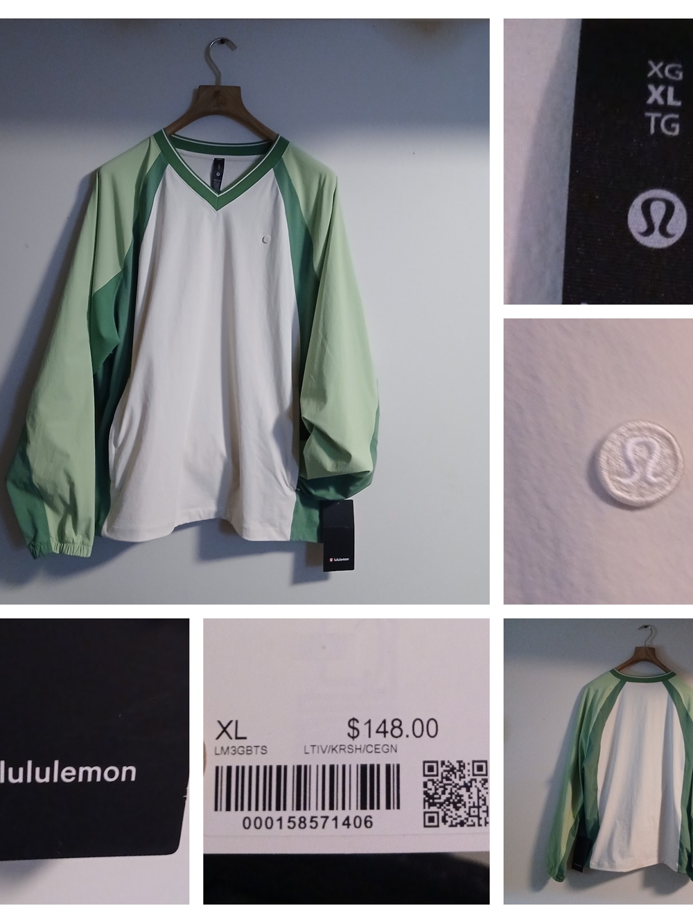 Lululemon Long Sleeve V-Neck Pullover in White and Mint Green